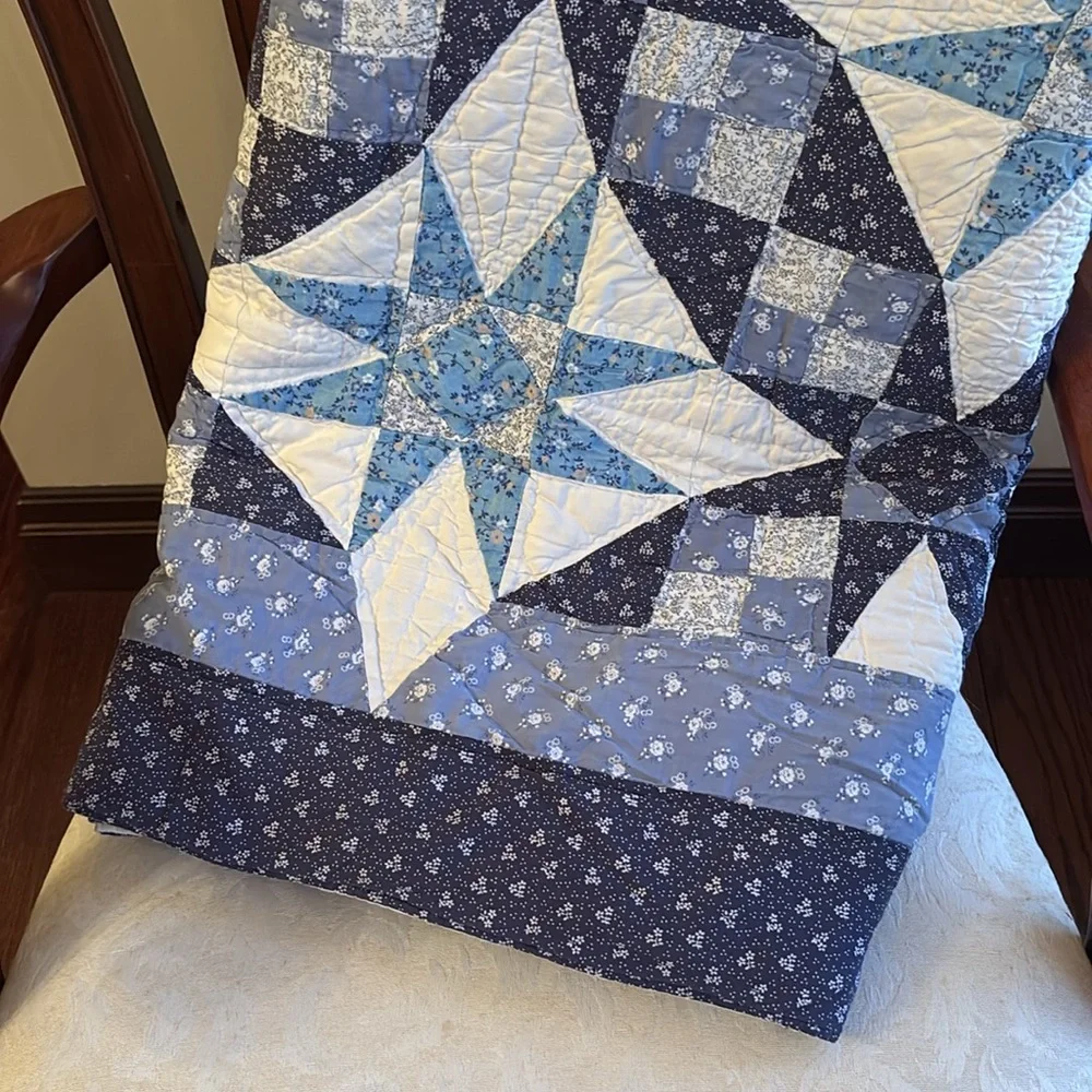 Vintage Quilt Patchwork Vintage Pattern Star Hand Crafted Handmade Blue White